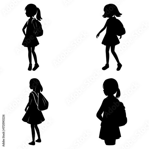 Silhouettes of four girls with backpacks in various poses ready for school or travel adventures today now
