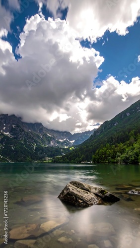Serene lake scene under dramatic sky