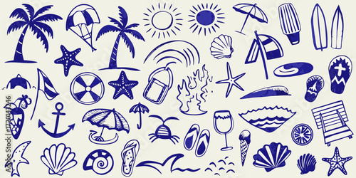Collection of hand drawn blue summer beach vacation icons and symbols on a cream background