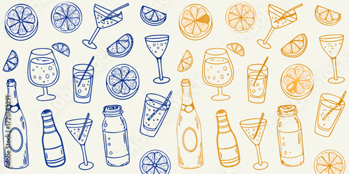 Hand drawn pattern of citrus fruits and refreshing drinks in blue and orange colors