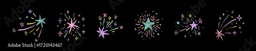 Hand drawn crayon falling shooting stars, meteors, comets. Pastel colored, watercolor, chalk, pencil sketch star, bling, twinkle, glint, slash set. Baby pattern design elements. Cute doodle background