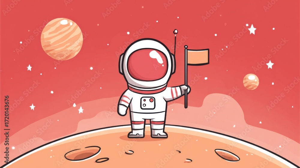 Fototapeta premium An adventurous astronaut stands on the surface of a vibrant planet, proudly holding a flag as two colossal planets loom in the pink-hued sky.