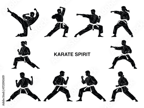 Dynamic karate poses and movements demonstrating martial arts skill silhouette