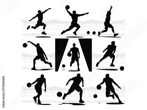 Dynamic basketball player silhouettes in various poses and actions on a court