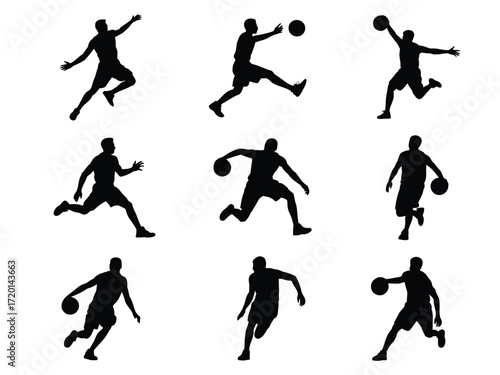 Dynamic basketball player silhouettes capturing various actions and poses on a white background silhouette