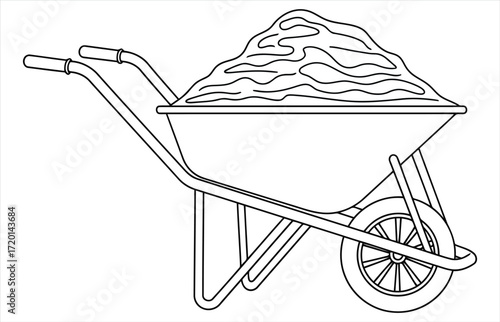 Illustration of a wheelbarrow filled with sand, the wheelbarrow is a common tool used in construction and gardening for transporting materials