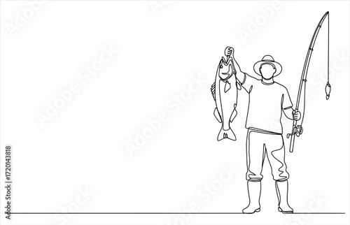 Vector art of a fisherman proudly displays his catch, rod in hand, in a continuous line drawing the artwork captures the essence of angling and outdoor recreation