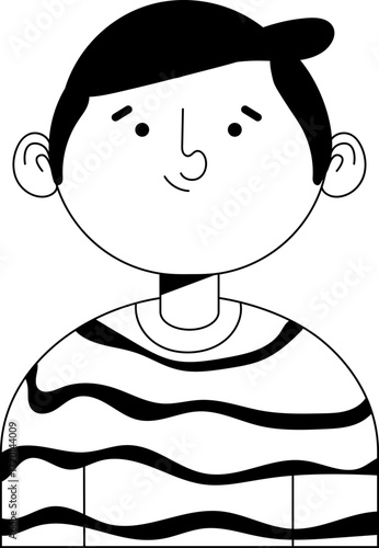 Cartoon Boy with Striped Shirt Black and White Illustration Style.