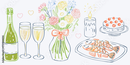 Celebration dinner with champagne flowers cake and fish hand drawn style