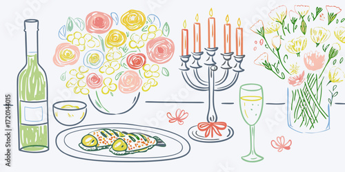 A charming hand drawn illustration of a festive table setting with flowers food wine and a candelabra