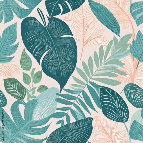 Fond abstrait motif feuillages plantes tropicales mélange nature jungle couleurs vert et orange pâle, vecteur