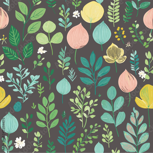 Illustration Motif Fleurs et Feuillages Nature Végétation Mélange, Papier Peint Couleurs diverses Vecteur