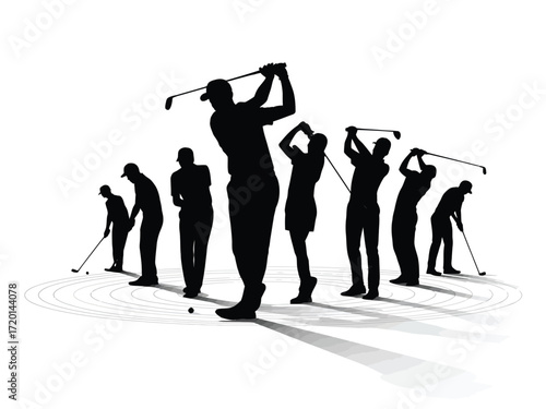 Diverse group of golfers captured in dynamic action shots showcasing various stages of their swing in a striking black silhouette against a clean white background silhouette