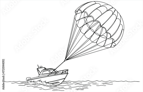 Vector art of a boat is being lifted into the air by a parachute, creating a dynamic scene in a line drawing this illustration captures the thrill of parasailing