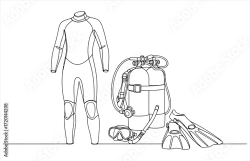 Illustration of scuba diving equipment includes a wetsuit, oxygen tank, mask, and fins, all drawn in a simple, outline style, perfect for educational or informational use