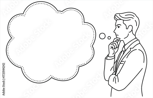 Illustration of a businessman thinking with a thought bubble, drawn in a simple line style, perfect for business, ideas, or problemsolving concepts