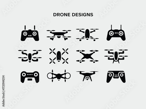 Collection of drone designs and remote controllers in a clean silhouette style