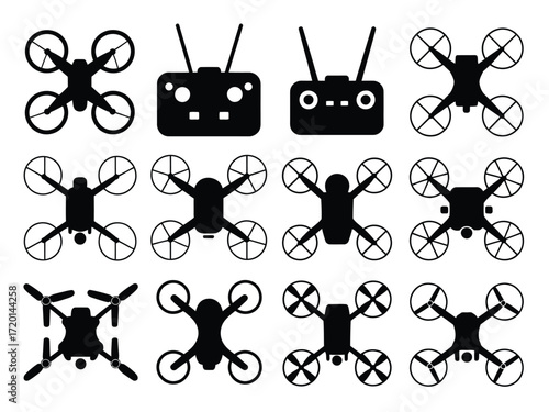 Collection of diverse drone and remote control silhouettes for aerial technology and design projects silhouette