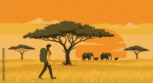 Adventure in the African Savannah A Woman's Journey Among Elephants at Sunset
