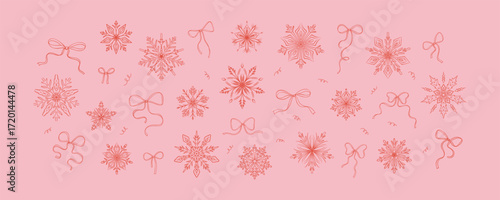Set of hand drawn doodle cute pink snow flakes and coquettish bows. Whimsical winter coquette design elements. Merry Christmas and Happy New year drawing. Victorian filigree lace sketch background