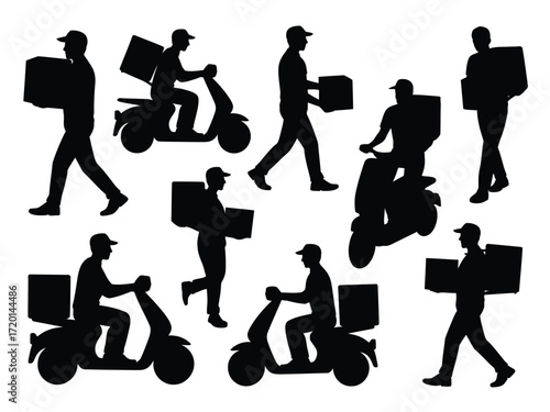 Collection of delivery person silhouettes on scooters and walking with packages