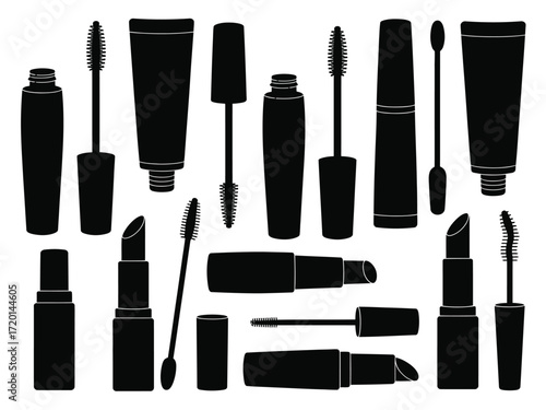 Collection of black cosmetic silhouettes featuring mascara tubes and lipsticks