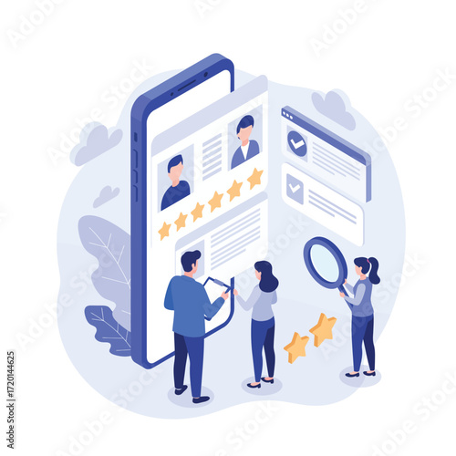Team reviewing candidate profiles on a smartphone screen isometric illustration mobile candidates professionals recruitment hiring
