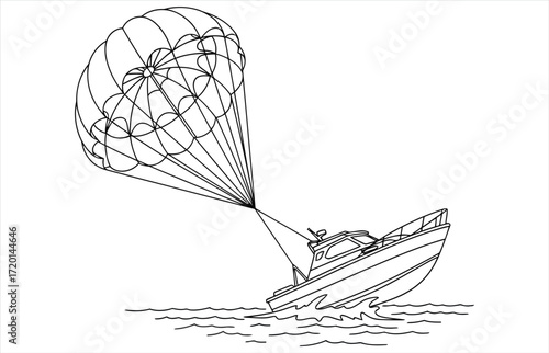 Vector art of a continuous line drawing of parasailing, capturing the thrill and adventure of the sport with a single, unbroken line, emphasizing simplicity and elegance