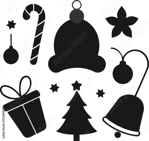 Collection of christmas silhouette icons including a candy cane bauble hat star gift tree and bell isolated on white background isolated on transparent background