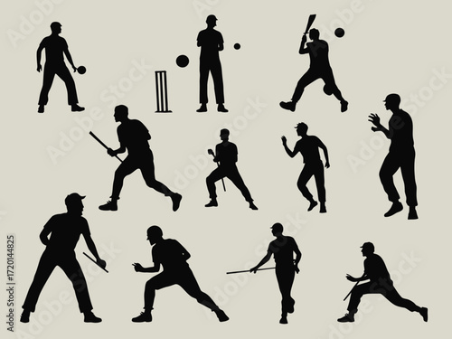 Collection of cricket players in action poses and equipment silhouette