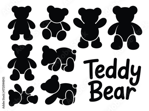 Collection of black teddy bear silhouettes in various poses with text teddy bear