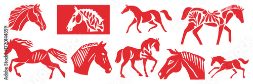 Year of the horse chinese new year papercut style symbols with traditional red decorative horse illustrations