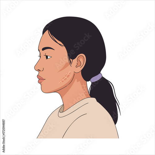 Profile of a young woman with facial scars and neck scar