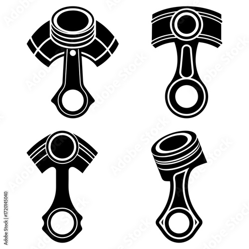 Four engine pistons in black and white showing different angles and orientations on a white background design