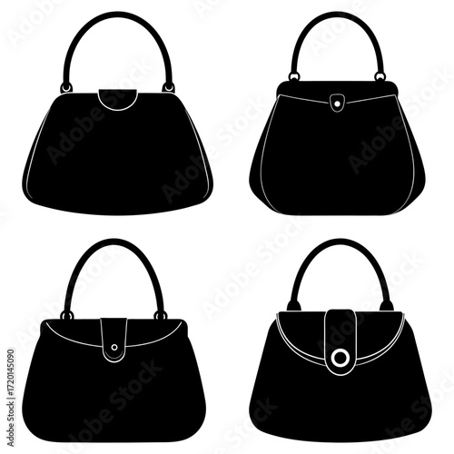 Four black silhouette handbags with top handles and different flap closures on a white background