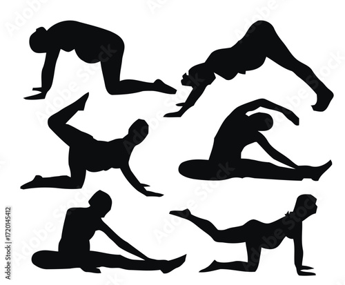 Collection of pregnant women performing various yoga poses and stretches in a minimalist black silhouette style