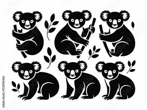 Collection of adorable koala illustrations in a distinctive silhouette style