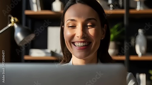 Close-up of a smiling woman enjoying a pleasant moment during her remote work day, looking at her laptop screen with delight