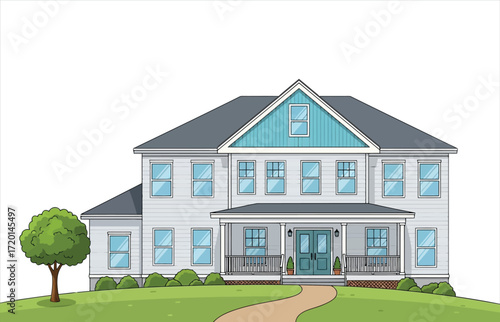 Illustration of a twostory house the house has a gray roof, white walls, and a green lawn, perfect for a family