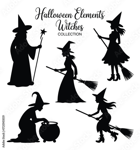 Collection of halloween witch silhouettes with brooms and cauldron silhouette