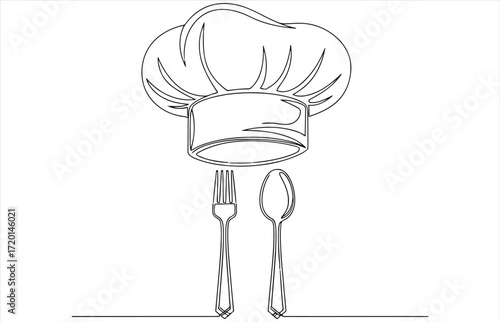 Vector art of chefs hat, spoon, and fork drawn with a continuous line minimalist vector illustration of cooking utensils for restaurant or cafe