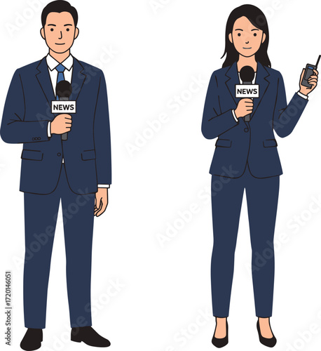 Cartoon news reporters, male and female, holding microphones, journalism scene, media coverage, live broadcast, press event, communication, interview illustration