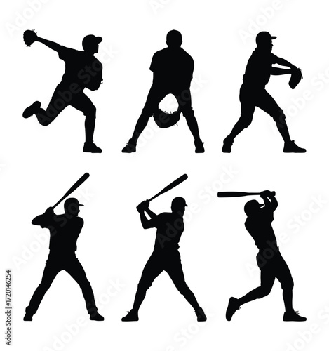 Dynamic baseball players in action poses illustrating pitching catching and batting silhouette