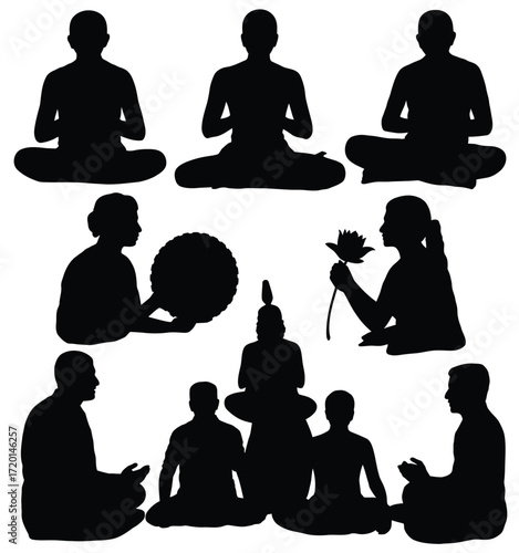 Diverse group of people in various meditative poses and spiritual activities presented as a striking black silhouette