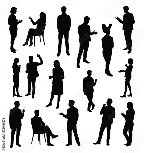 Diverse group of business people in silhouette engaged in conversation and standing poses silhouette