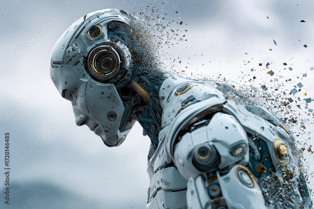 Fototapeta premium Futuristic robot disintegrating into digital particles