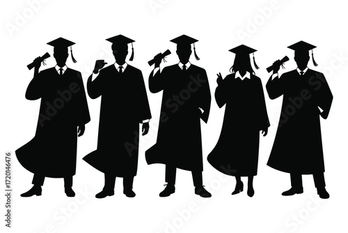 Diverse group of graduates in academic regalia holding diplomas celebrating achievement graduation silhouette