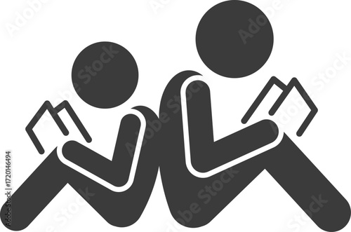 reading a book clip art icon symbol, learning sign, education concept, back to school, homeschooling, taking a break, knowledge is power, recreational pursuit, father and his son sitting on the ground