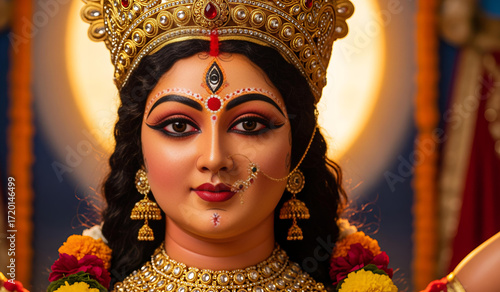 Divine Navratri Durga Devi idol adorned with flowers and lights