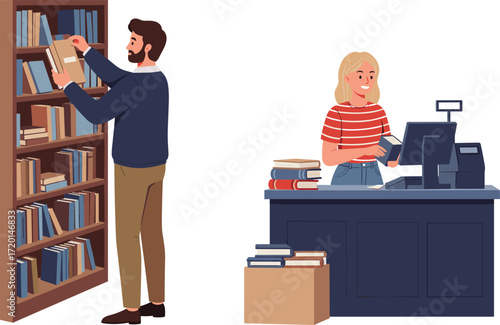 Cartoon bookstore scene, man browsing bookshelf, woman at counter, book transaction, library or shop, reading culture, literature, retail, education illustration